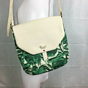 Lucky Brand Womens Green White Tropical Fabric Leather Floral Crossbody‎ Bag